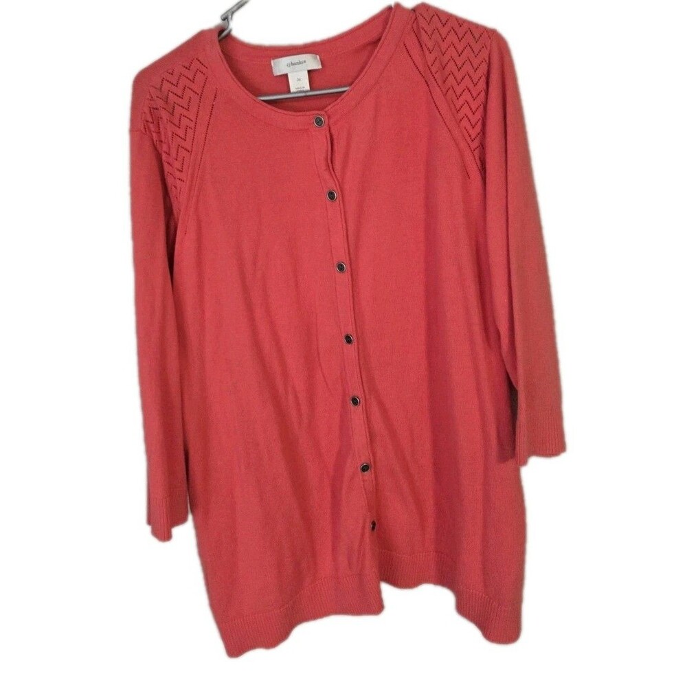 CJ Banks Cardigan 3X Coral Classic Full Button Sweater Long Sleeve Ribbed